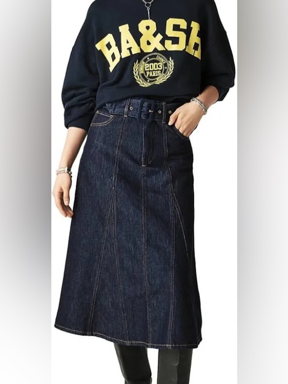 Bash Dakota Dark Blue Denim Midi Skirt Belted Size 34